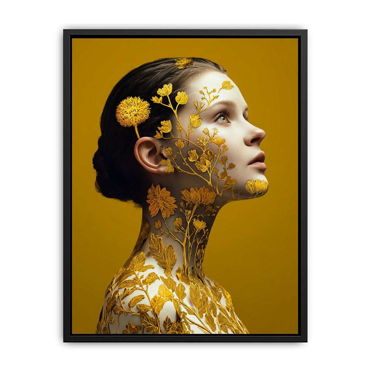 Golden botanical woman portrait canvas art for luxury bedroom decor.