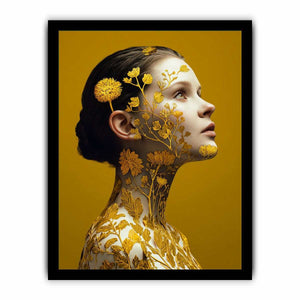 Golden botanical woman portrait canvas art for luxury bedroom decor.