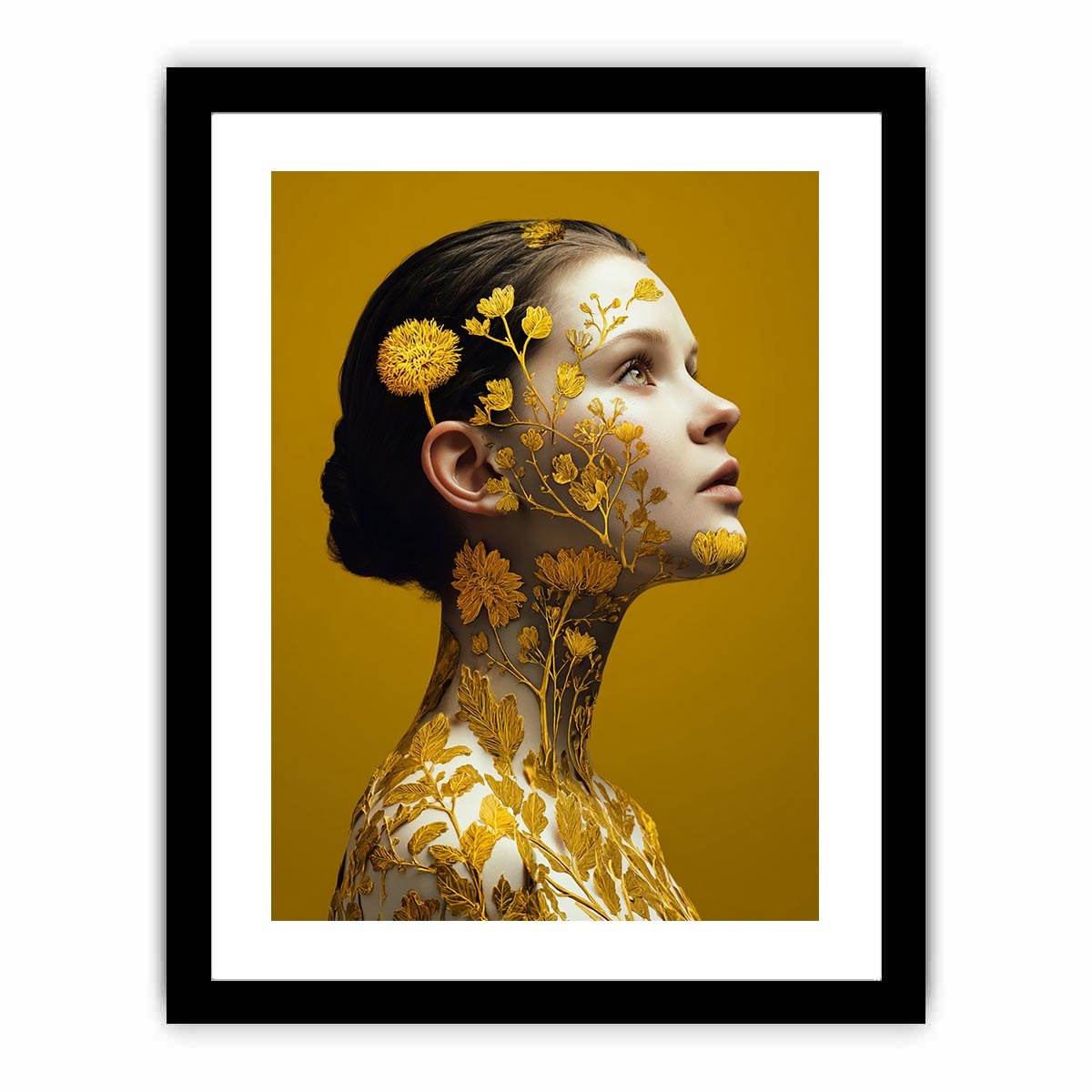 Golden botanical woman portrait canvas art for luxury bedroom decor.