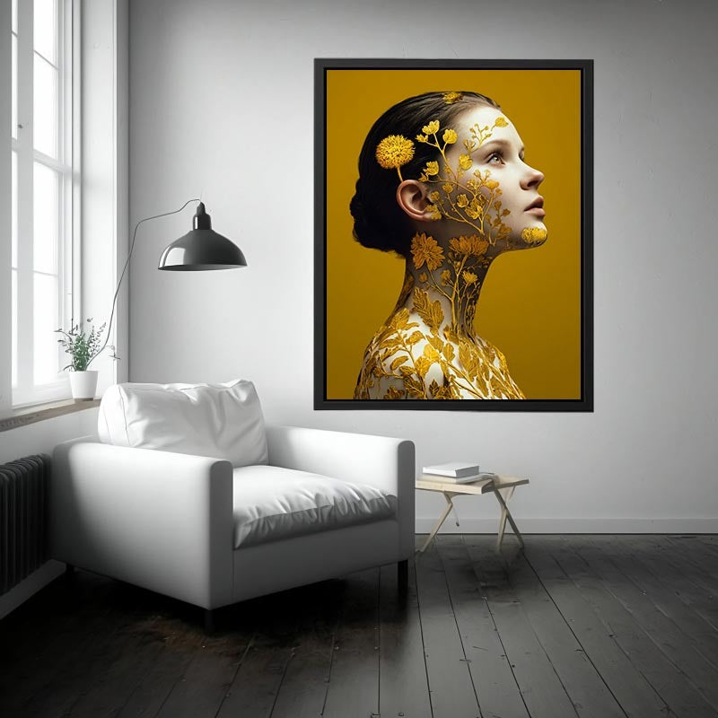Golden botanical woman portrait canvas art for luxury bedroom decor.