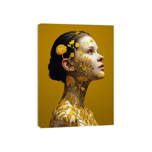 Golden botanical woman portrait canvas art for luxury bedroom decor.