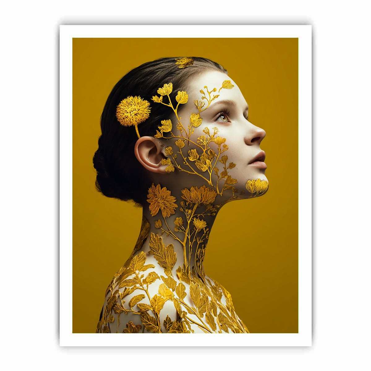 Golden botanical woman portrait canvas art for luxury bedroom decor.