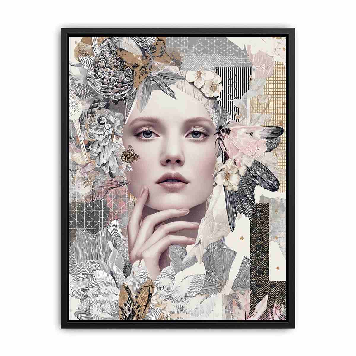 Soft botanical woman portrait canvas art with butterflies for elegant bedroom decor.