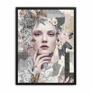 Soft botanical woman portrait canvas art with butterflies for elegant bedroom decor.