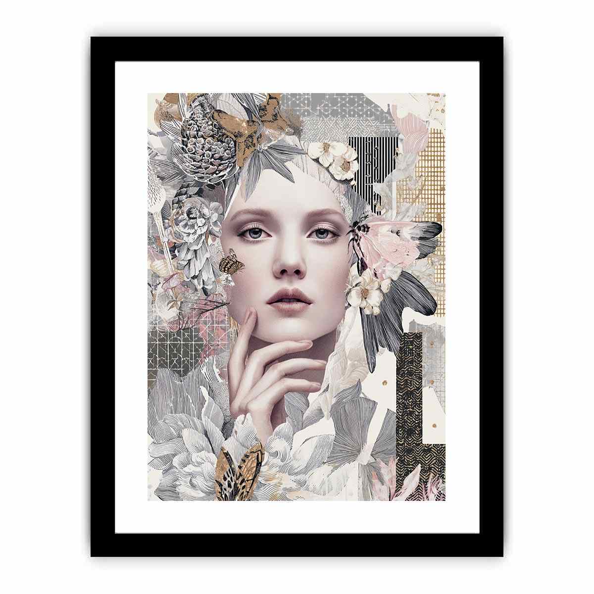 Soft botanical woman portrait canvas art with butterflies for elegant bedroom decor.