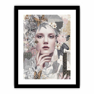 Soft botanical woman portrait canvas art with butterflies for elegant bedroom decor.