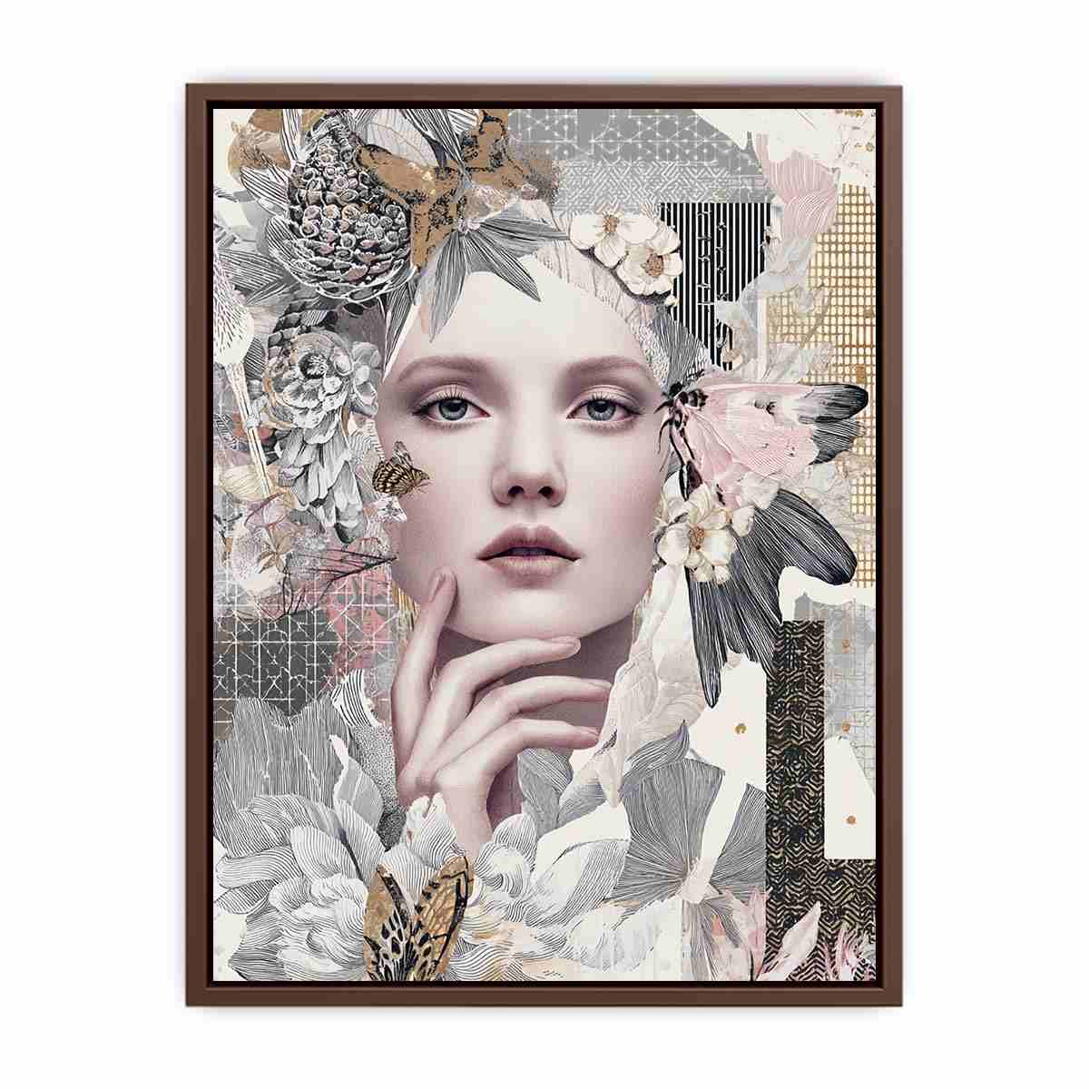 Soft botanical woman portrait canvas art with butterflies for elegant bedroom decor.