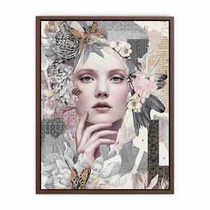 Soft botanical woman portrait canvas art with butterflies for elegant bedroom decor.