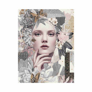 Soft botanical woman portrait canvas art with butterflies for elegant bedroom decor.