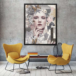 Soft botanical woman portrait canvas art with butterflies for elegant bedroom decor.
