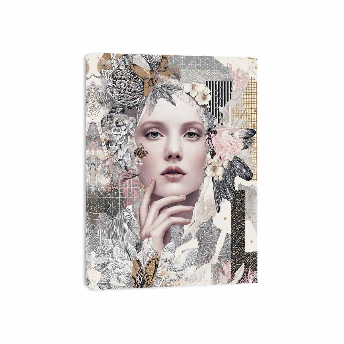 Soft botanical woman portrait canvas art with butterflies for elegant bedroom decor.