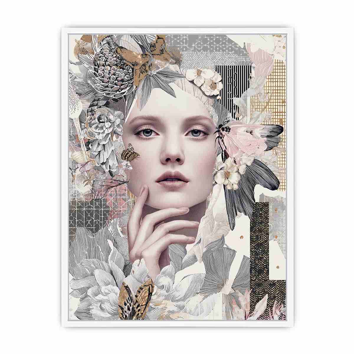 Soft botanical woman portrait canvas art with butterflies for elegant bedroom decor.