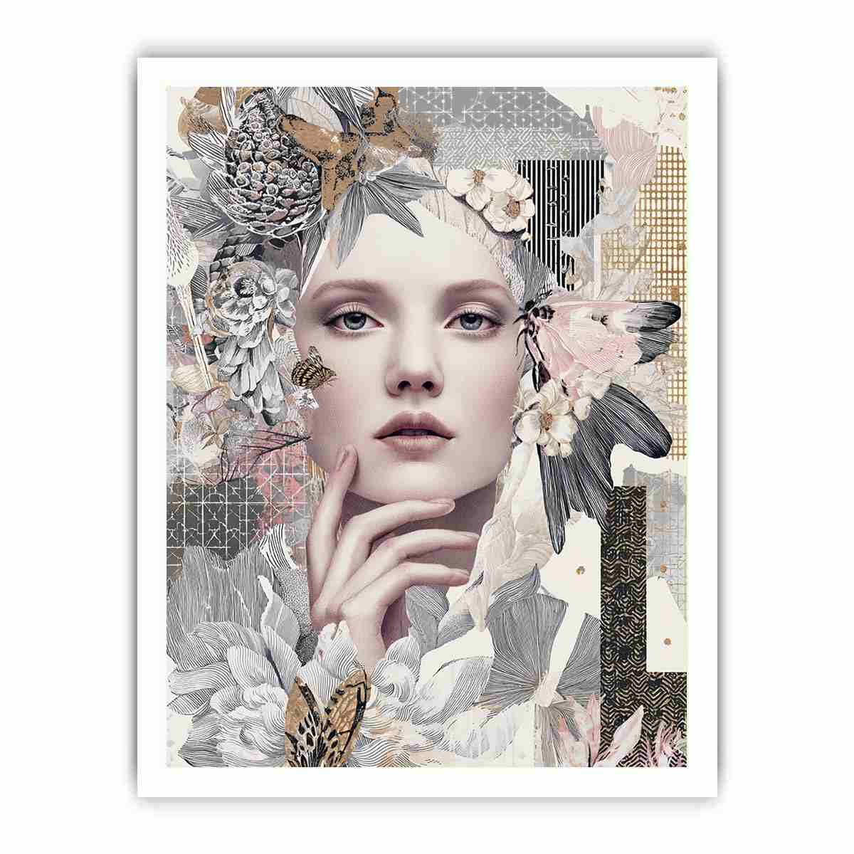 Soft botanical woman portrait canvas art with butterflies for elegant bedroom decor.