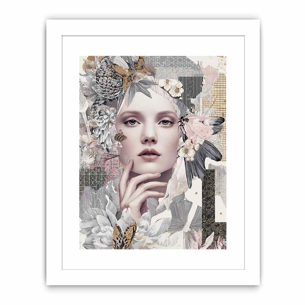 Soft botanical woman portrait canvas art with butterflies for elegant bedroom decor.