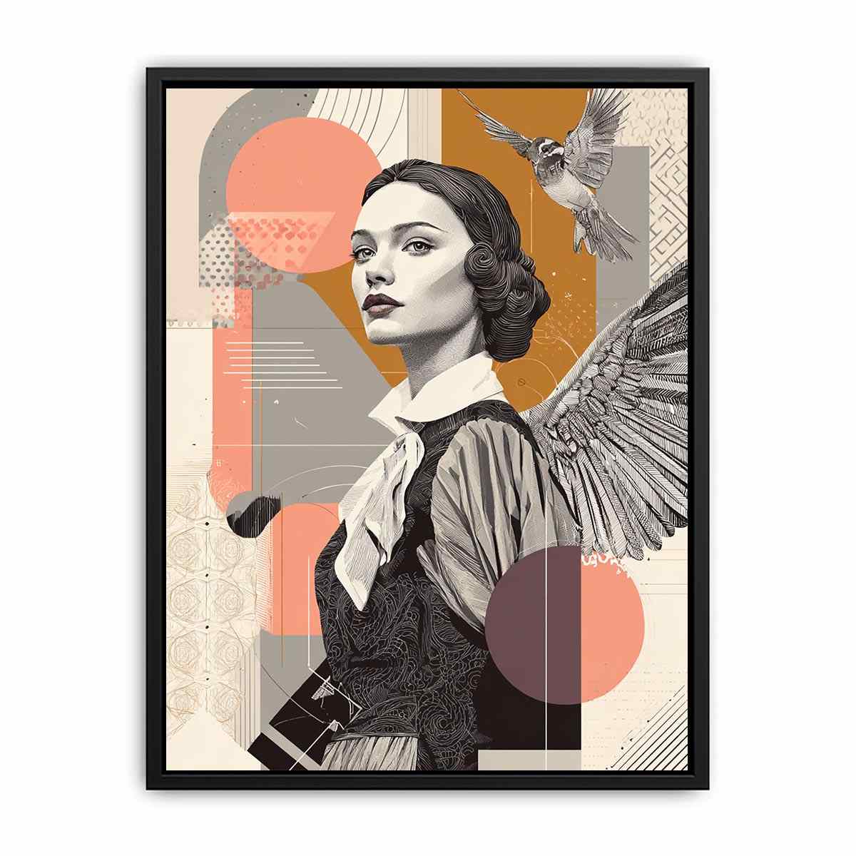 Art deco woman portrait canvas art with bird and wing for stylish hallway decor.