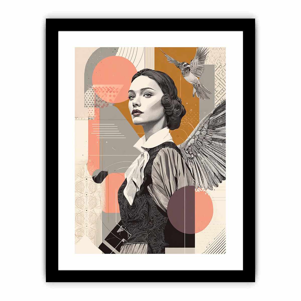 Art deco woman portrait canvas art with bird and wing for stylish hallway decor.