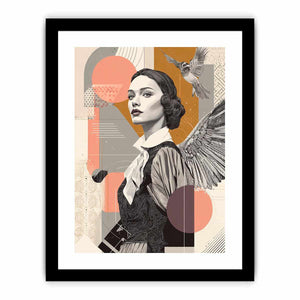 Art deco woman portrait canvas art with bird and wing for stylish hallway decor.