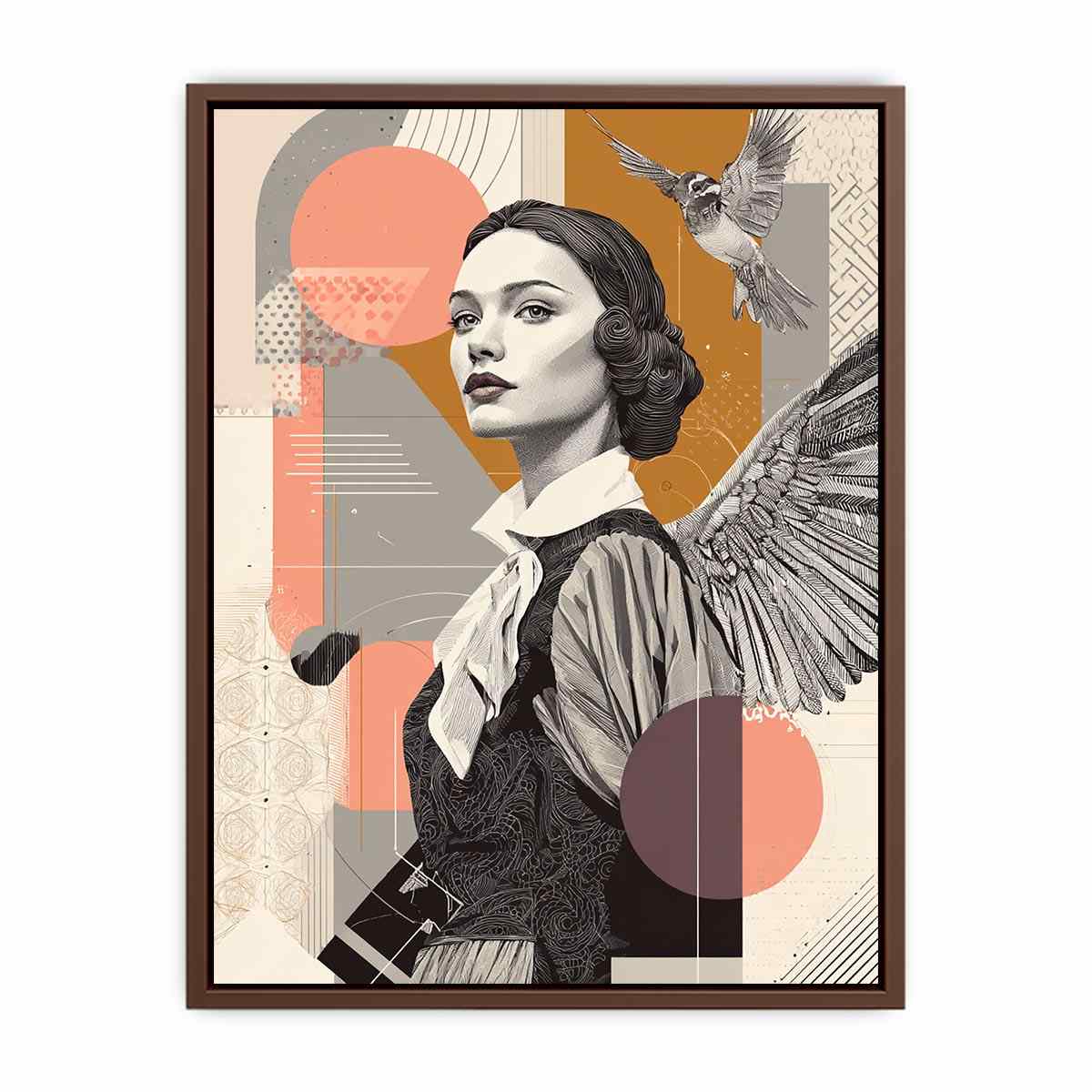 Art deco woman portrait canvas art with bird and wing for stylish hallway decor.