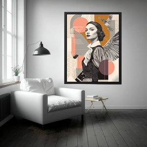 Art deco woman portrait canvas art with bird and wing for stylish hallway decor.