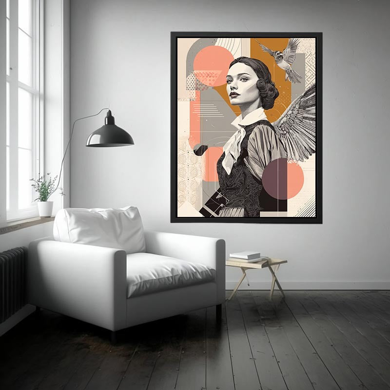 Art deco woman portrait canvas art with bird and wing for stylish hallway decor.