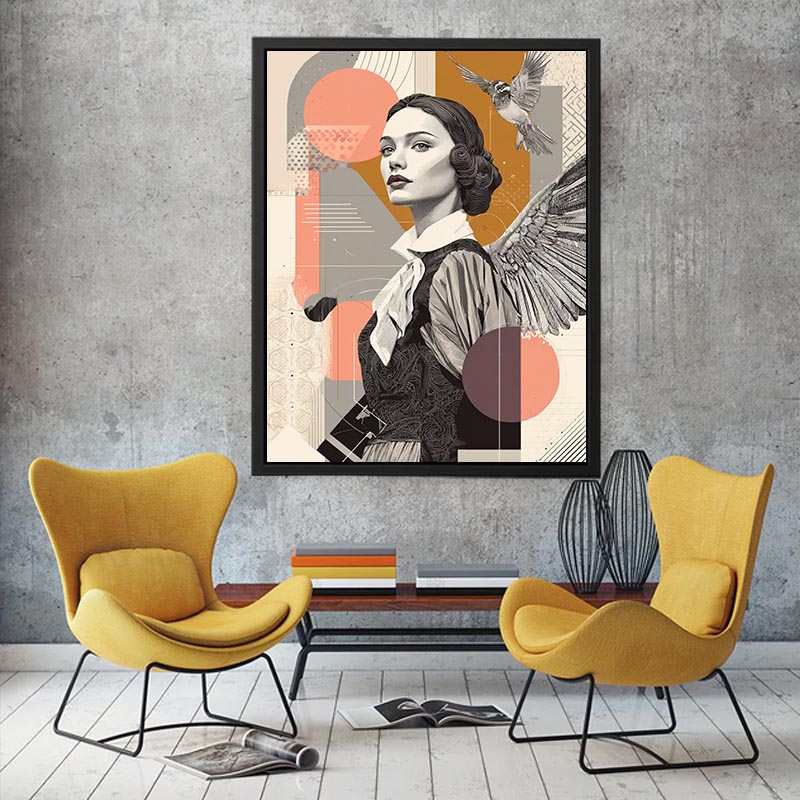 Art deco woman portrait canvas art with bird and wing for stylish hallway decor.