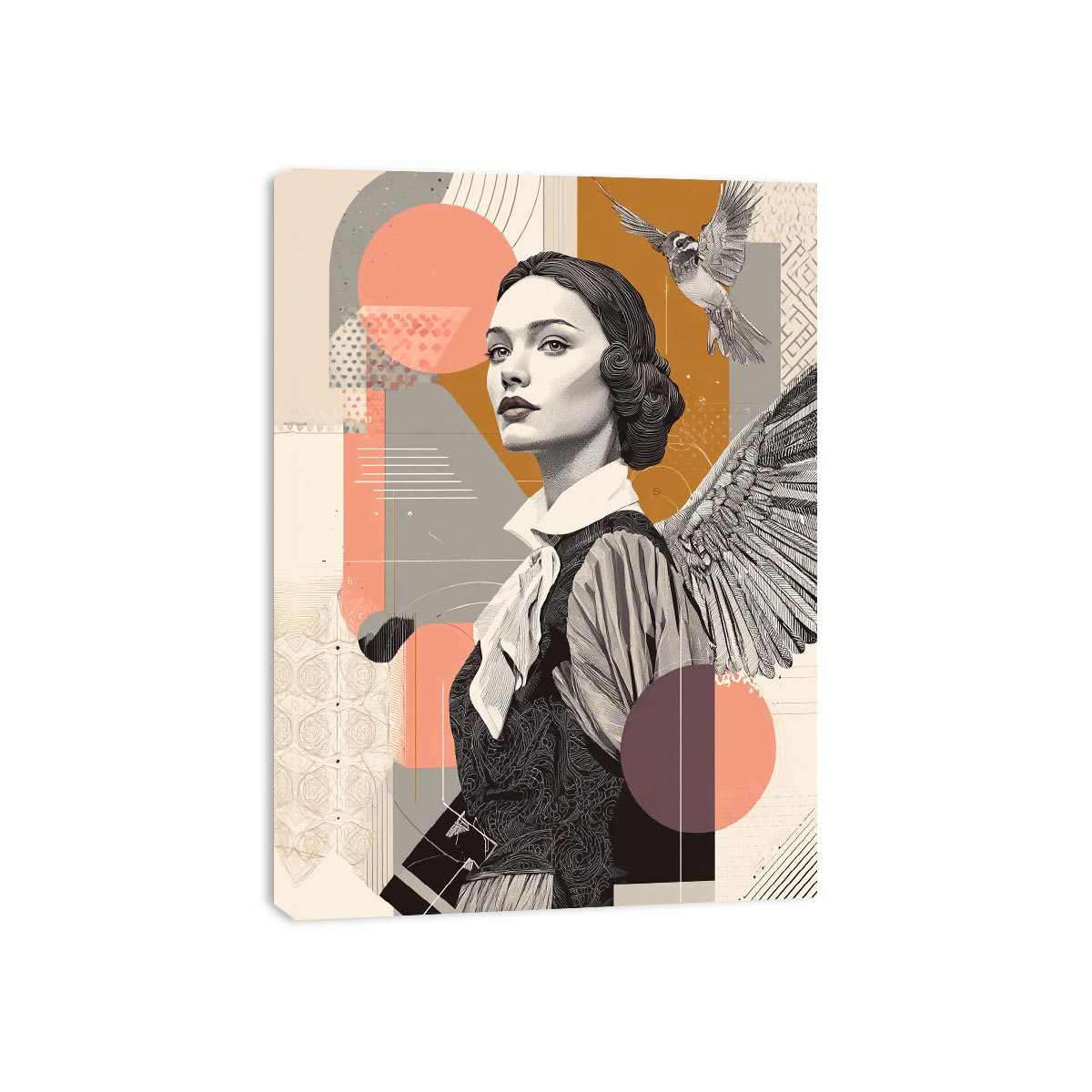 Art deco woman portrait canvas art with bird and wing for stylish hallway decor.