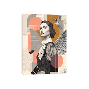 Art deco woman portrait canvas art with bird and wing for stylish hallway decor.