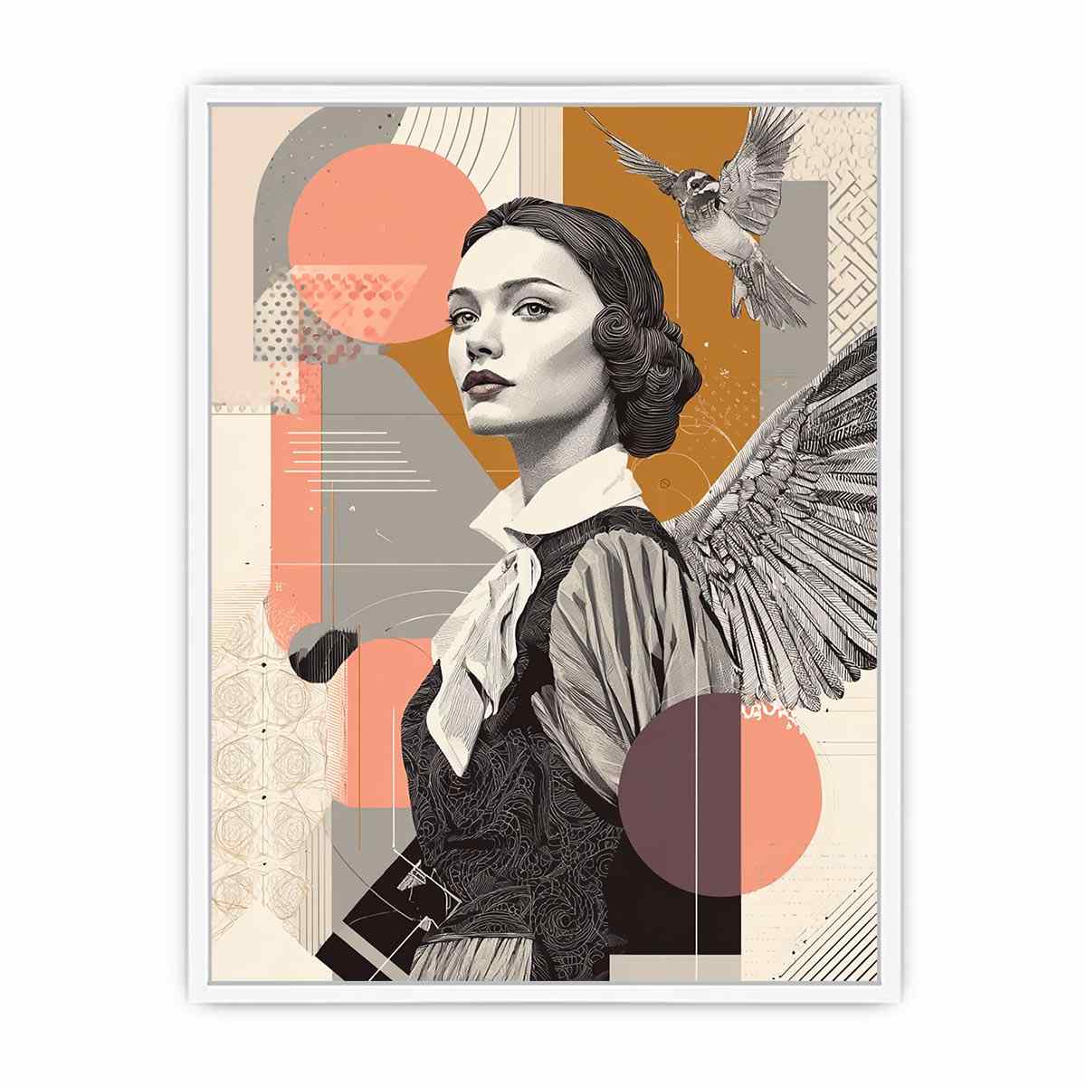 Art deco woman portrait canvas art with bird and wing for stylish hallway decor.