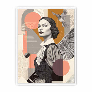 Art deco woman portrait canvas art with bird and wing for stylish hallway decor.