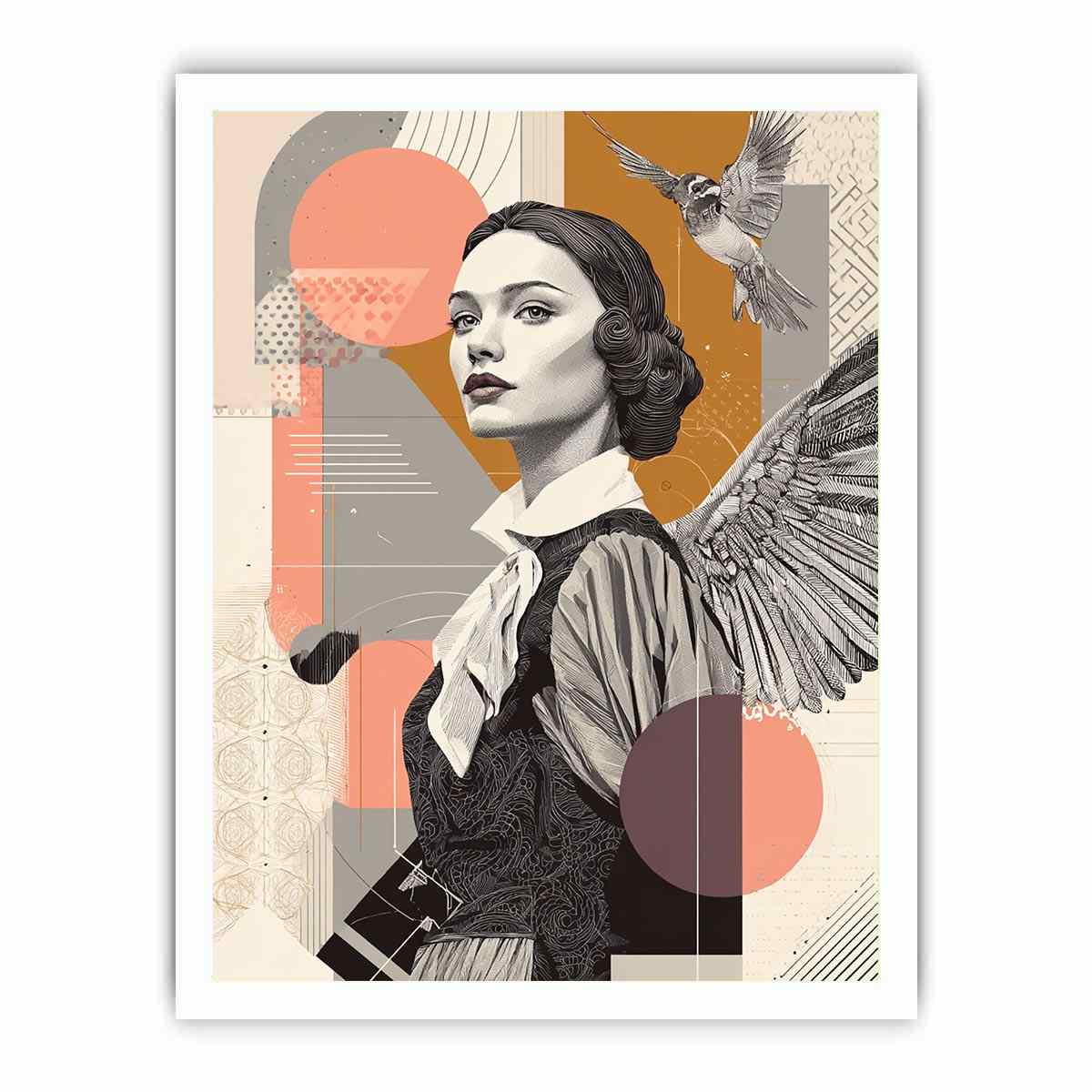 Art deco woman portrait canvas art with bird and wing for stylish hallway decor.