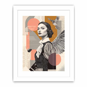 Art deco woman portrait canvas art with bird and wing for stylish hallway decor.