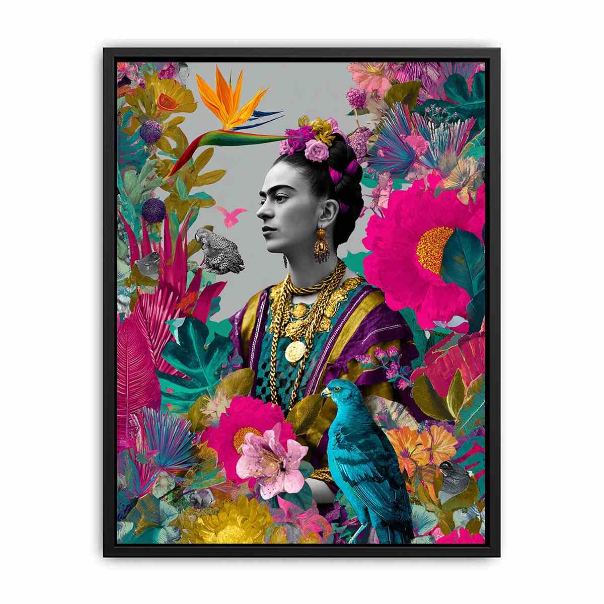 Vibrant tropical woman portrait canvas art with birds and flowers for living room decor.