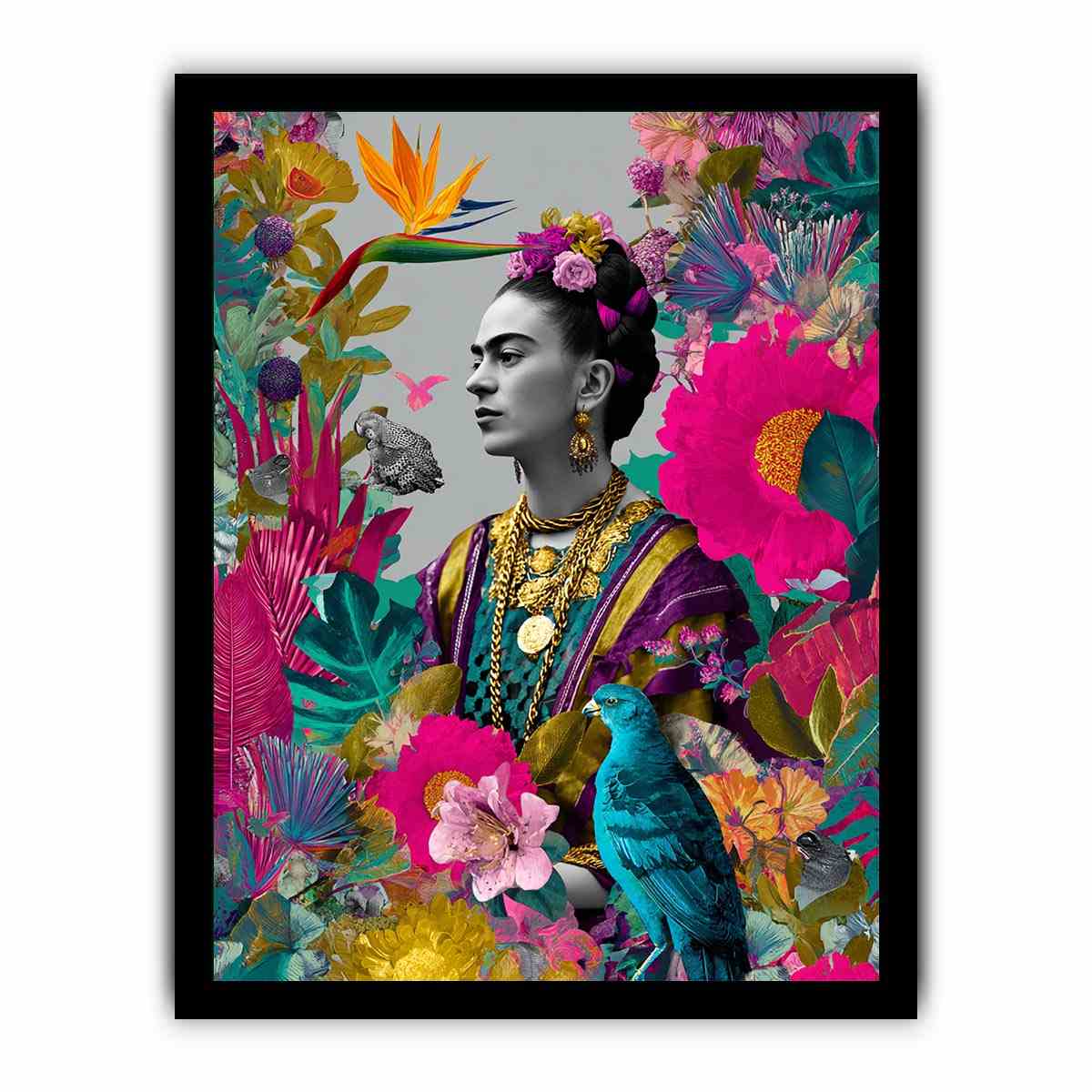 Vibrant tropical woman portrait canvas art with birds and flowers for living room decor.
