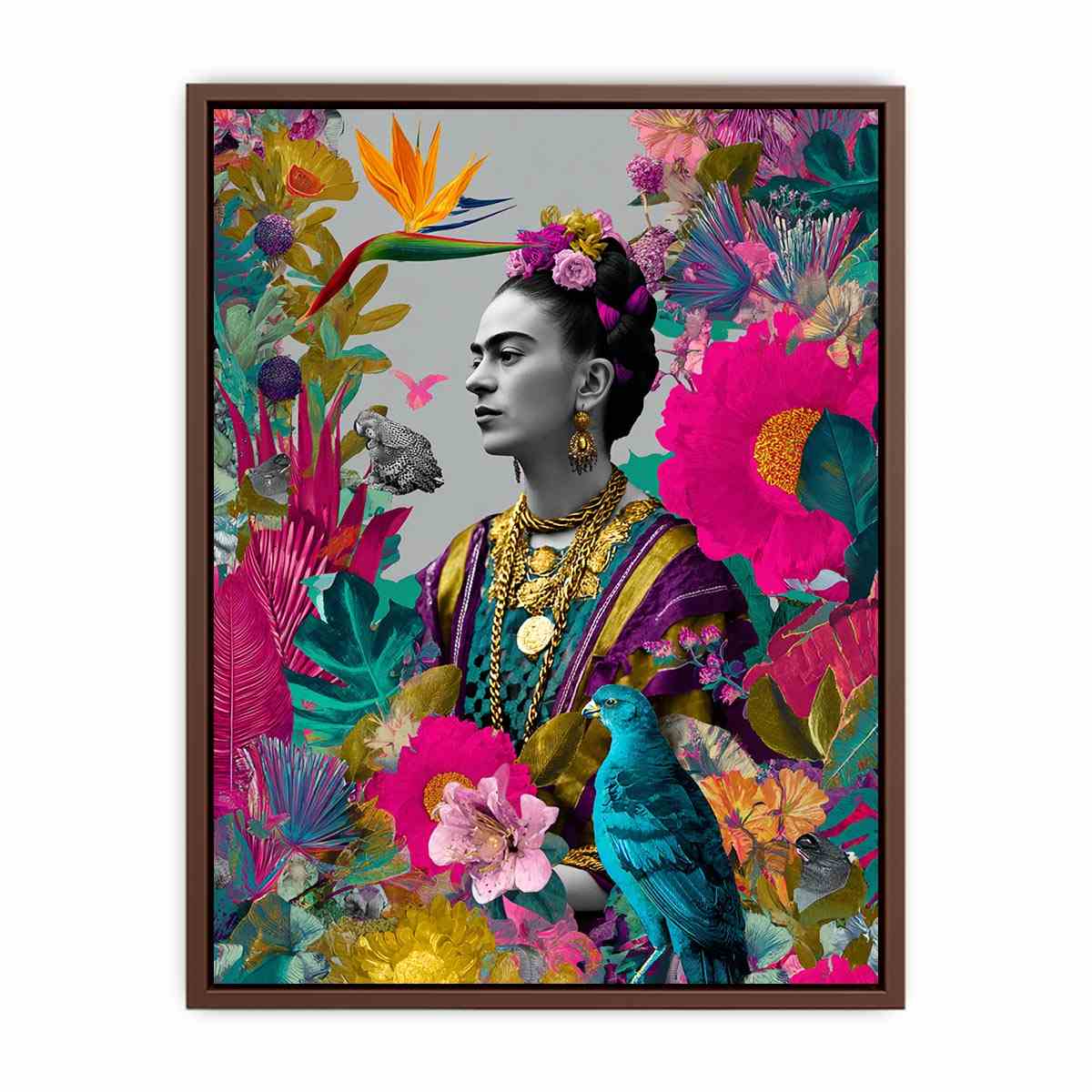 Vibrant tropical woman portrait canvas art with birds and flowers for living room decor.