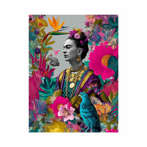 Vibrant tropical woman portrait canvas art with birds and flowers for living room decor.