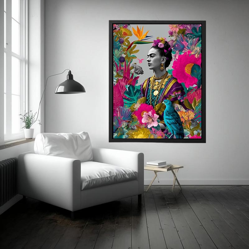 Vibrant tropical woman portrait canvas art with birds and flowers for living room decor.