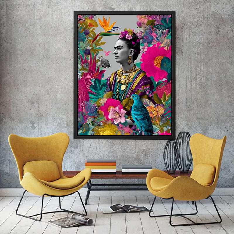 Vibrant tropical woman portrait canvas art with birds and flowers for living room decor.