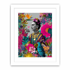 Vibrant tropical woman portrait canvas art with birds and flowers for living room decor.