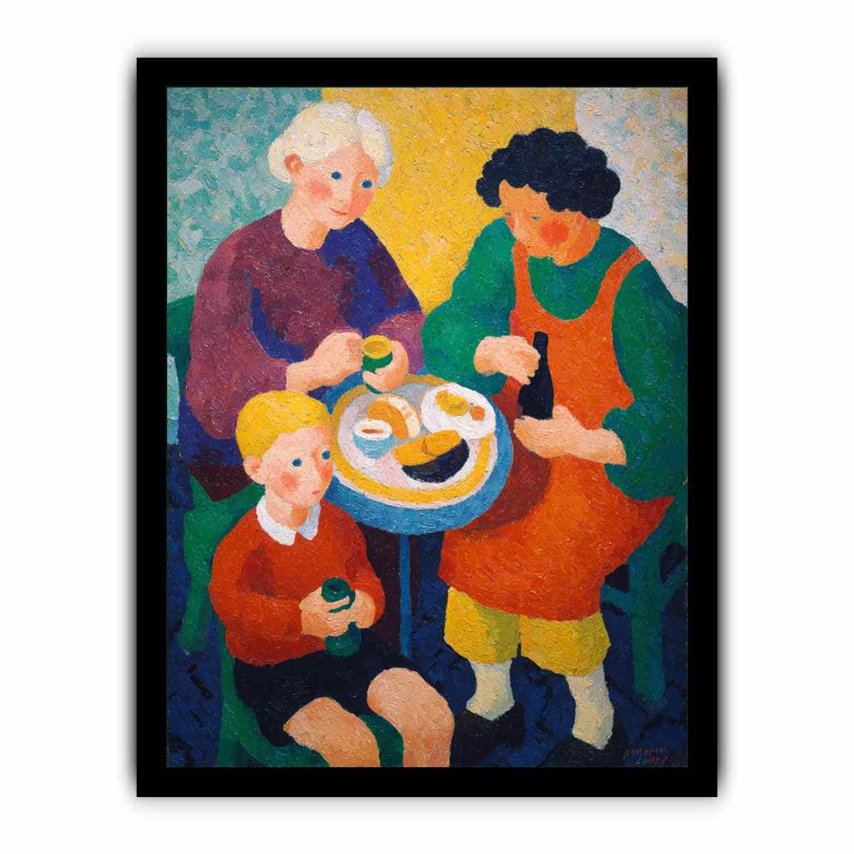 Colourful family breakfast canvas art with table and cups for cosy kitchen decor.