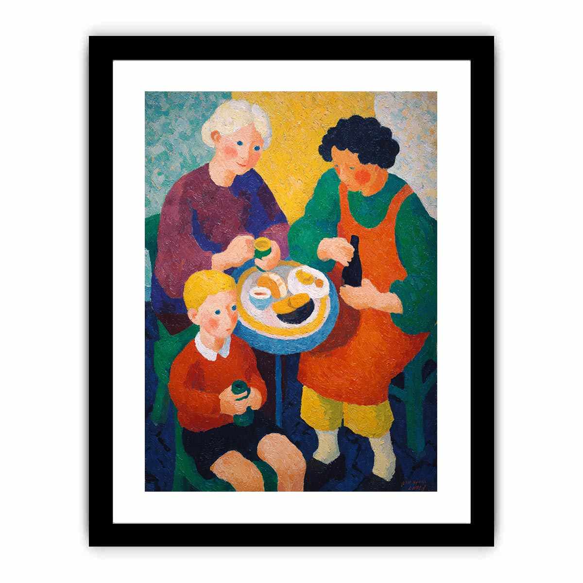 Colourful family breakfast canvas art with table and cups for cosy kitchen decor.
