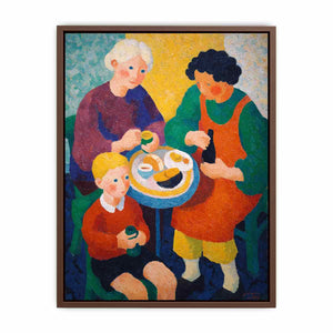 Colourful family breakfast canvas art with table and cups for cosy kitchen decor.