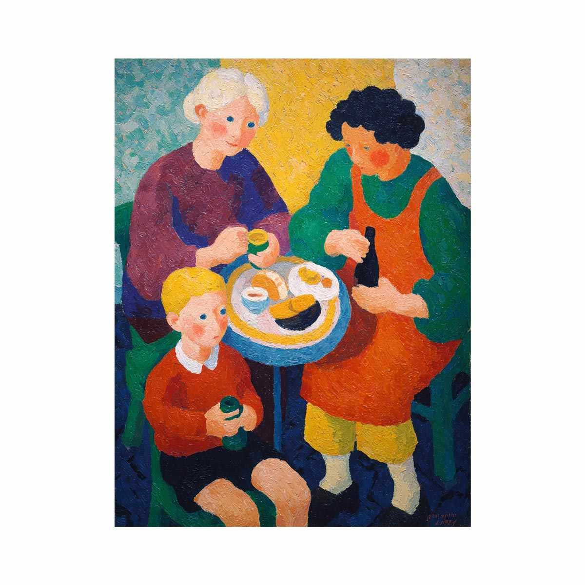 Colourful family breakfast canvas art with table and cups for cosy kitchen decor.