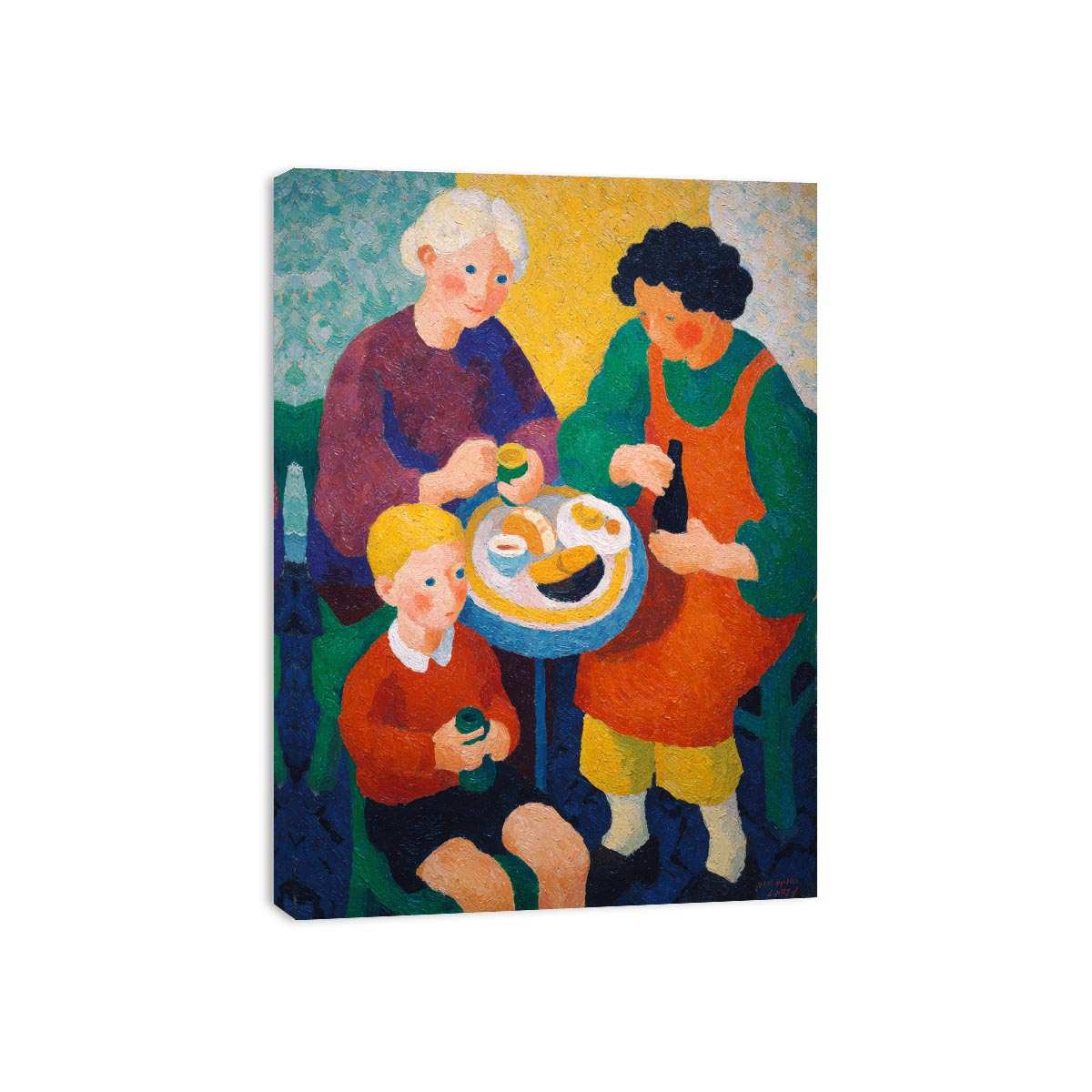 Colourful family breakfast canvas art with table and cups for cosy kitchen decor.