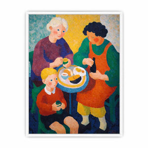 Colourful family breakfast canvas art with table and cups for cosy kitchen decor.