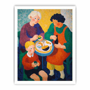 Colourful family breakfast canvas art with table and cups for cosy kitchen decor.