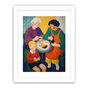 Colourful family breakfast canvas art with table and cups for cosy kitchen decor.