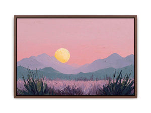 Dreamy lavender mountain landscape canvas art with moon for peaceful bedroom decor.