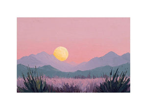 Dreamy lavender mountain landscape canvas art with moon for peaceful bedroom decor.