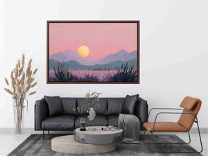 Dreamy lavender mountain landscape canvas art with moon for peaceful bedroom decor.