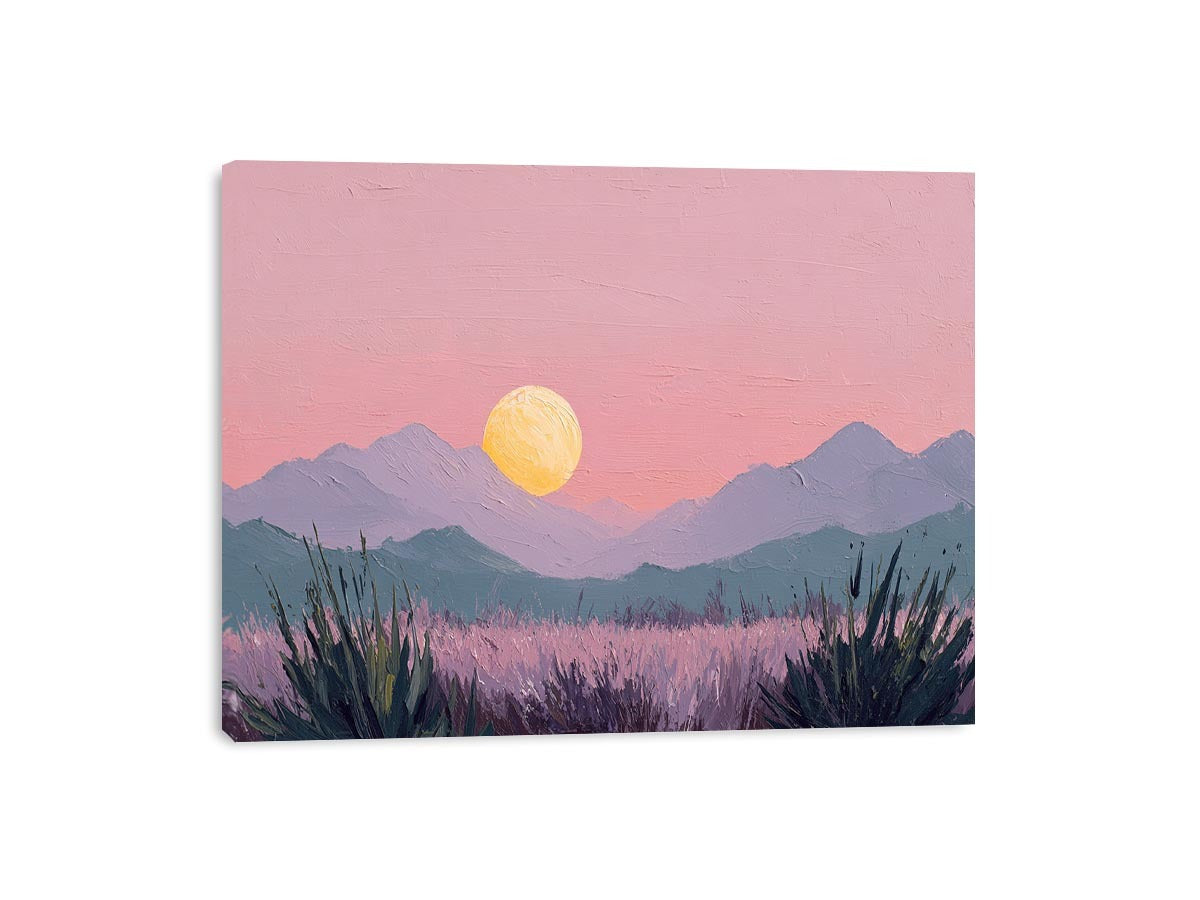 Dreamy lavender mountain landscape canvas art with moon for peaceful bedroom decor.